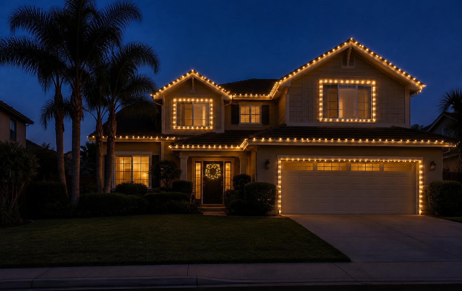 Illustration of a standard one- or two-story home with holiday lights