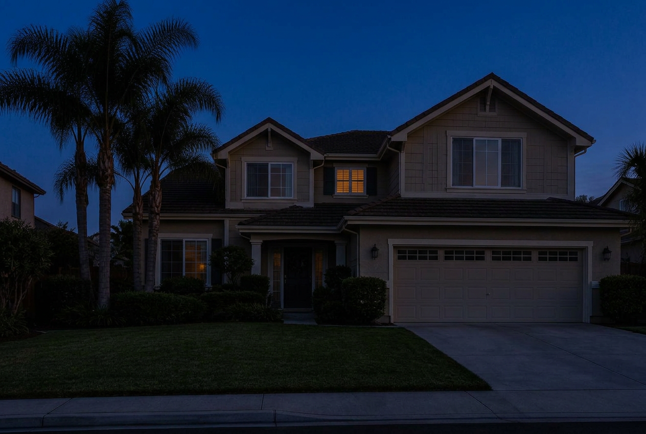 The same style of home at dusk without holiday lights