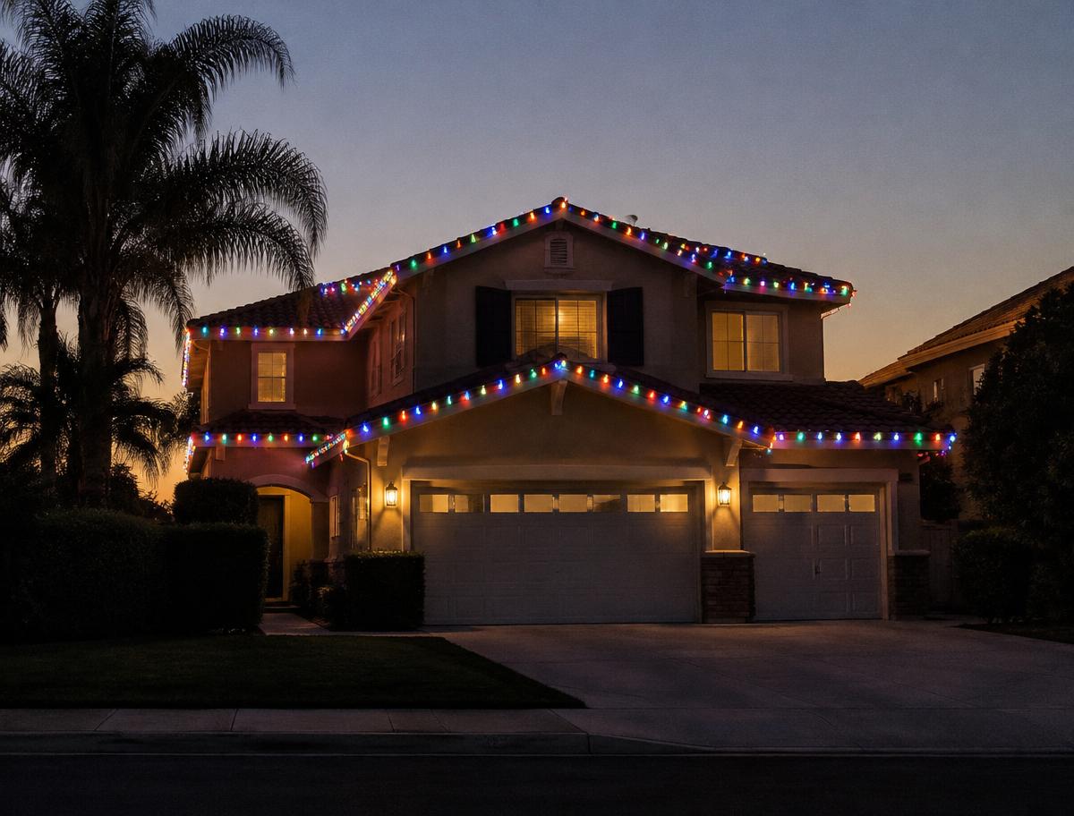 Illustration of a luxury or custom property with holiday lights