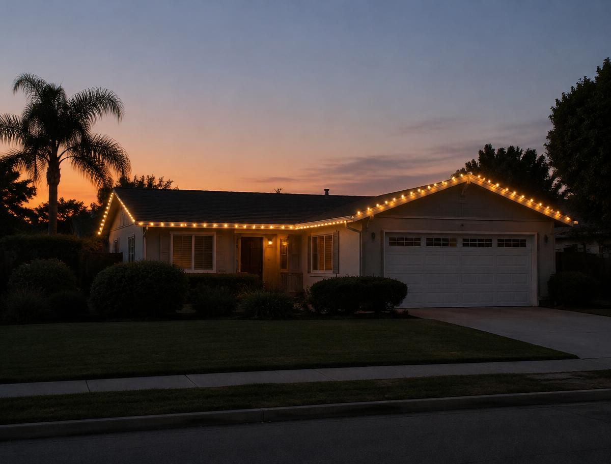 Illustration of a small single-story home with holiday lights