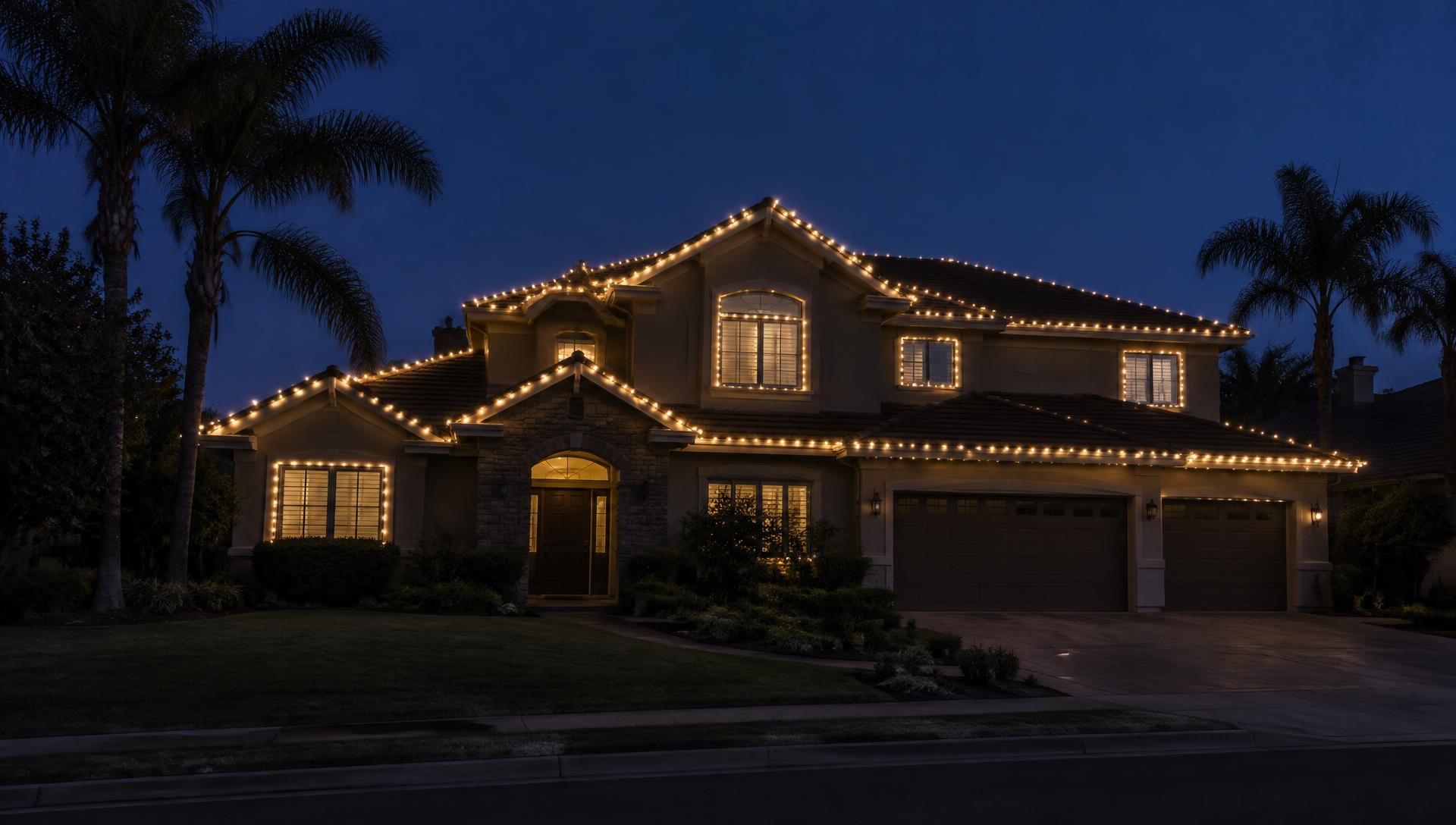 Illustration of a large two-story home with holiday lights